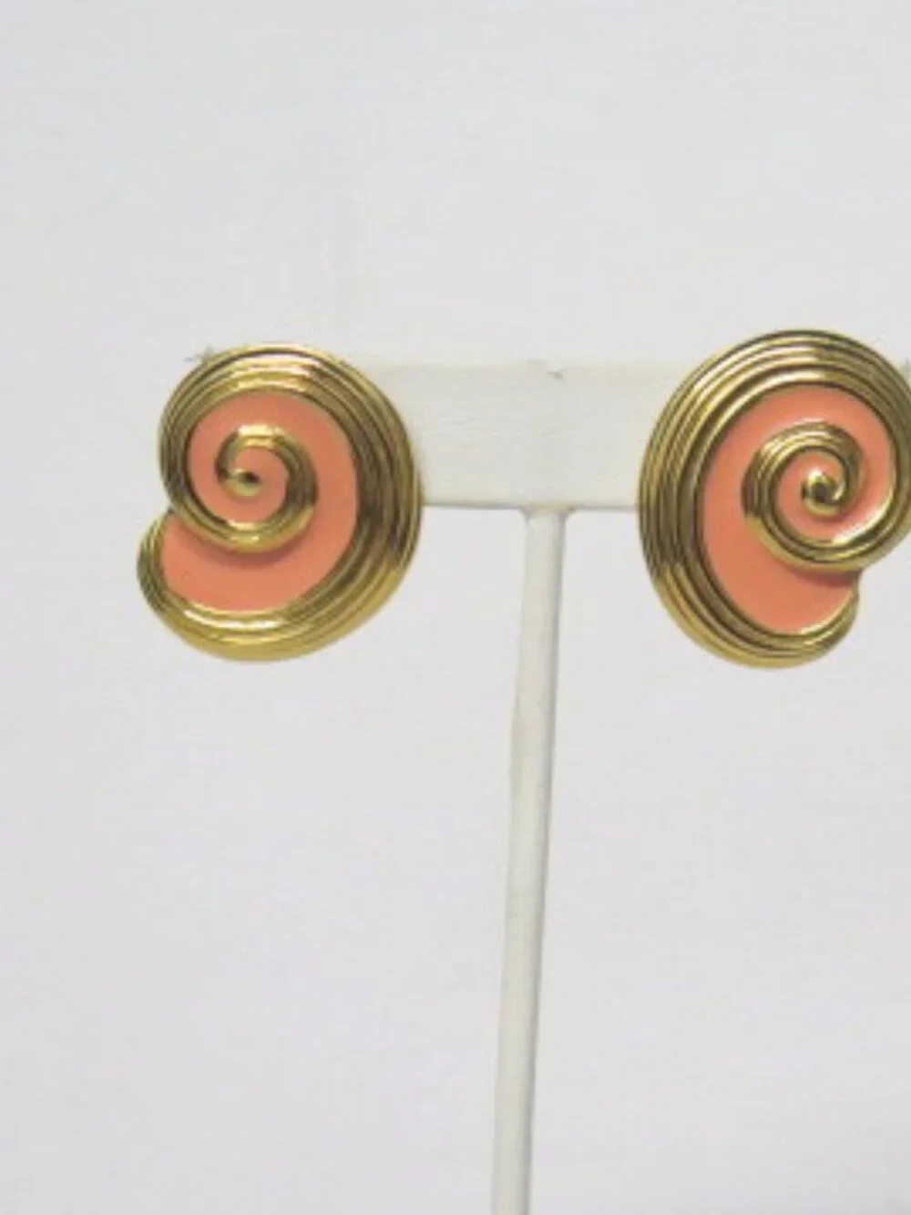Vintage Gold Tone Coral Enamel Spiral Swirl Statement Earrings